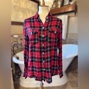 NWT The Kooples Red & Black Plaid Button-Up Shirt with turquoise buttons medium